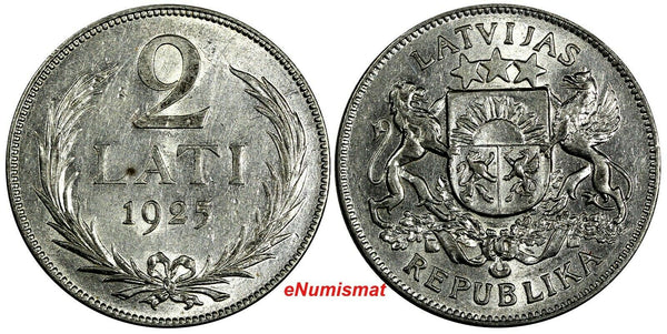 Latvia Silver 1925 2 Lati 2 Years Type aUNC KM# 8 (18 144)