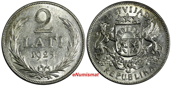 Latvia Silver 1925 2 Lati 2 Years Type aUNC KM# 8 (18 145)