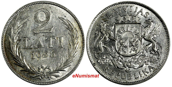 Latvia Silver 1926 2 Lati 2 Years Type aUNC KM# 8 (18 146)