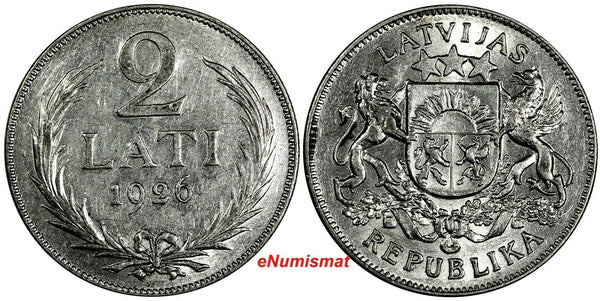 Latvia Silver 1926 2 Lati 2 Years Type aUNC KM# 8 (18 147)