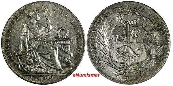 Peru Silver 1934 1 Sol  37mm  Mint Luster KM# 218.2 (18 171)