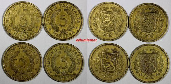 Finland Aluminum-Bronze LOT OF 4 COINS 1933-1940 S 5 Markkaa KM# 31 (18 184)