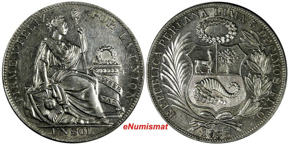 Peru Silver 1935 1 Sol Last Year for Type Mintage-695.000 37mm KM# 218.2 (18191)