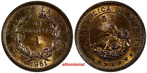 Bolivia Bronze 1951 H 1 Boliviano Heaton Mint UNC Condition KM# 184 (18 219)