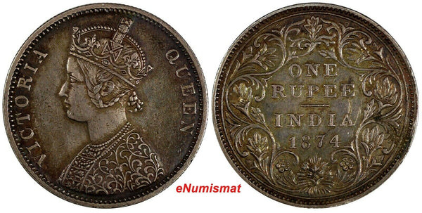 India-British Victoria Silver 1874 (B) Rupee Toned XF  KM# 473.2 (18 243)