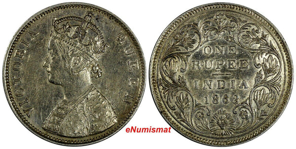 India-British Victoria Silver 1862 (B) Rupee Better Date aUNC KM# 473.1 (18 252)