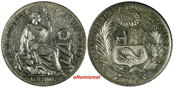 Peru Silver 1934 1 Sol  37mm  Mint Luster KM# 218.2 (18 277)