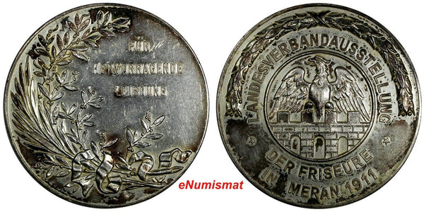 ITALY Silver 1911 Medal EXHIBITION OF HAIRDRESSERS IN MERANO 38mm (18 314)