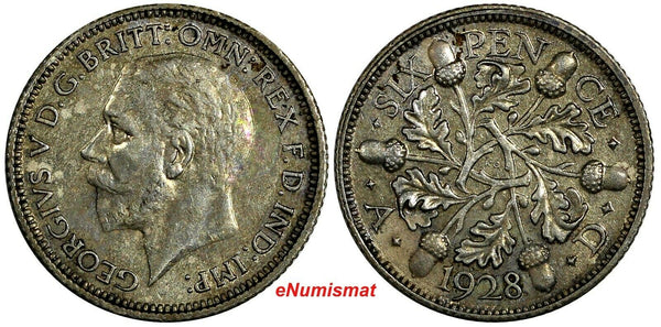 Great Britain George V Silver 1928 6 Pence aUNC Toned KM# 832 (18 414)