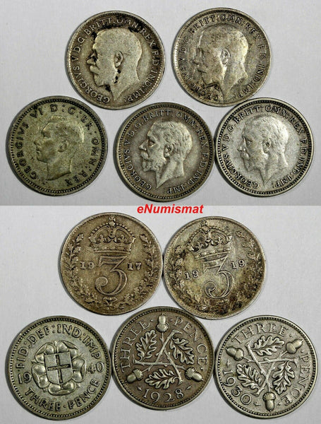 Great Britain Lot of 5 Silver Coins 1917-1940 3 Pence  KM813 ;KM831 KM848 (416)