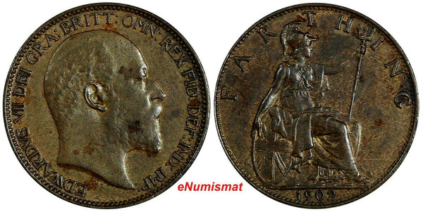 Great Britain Edward VII Bronze 1902 Farthing 1st Year for Type UNC KM# 792(40)