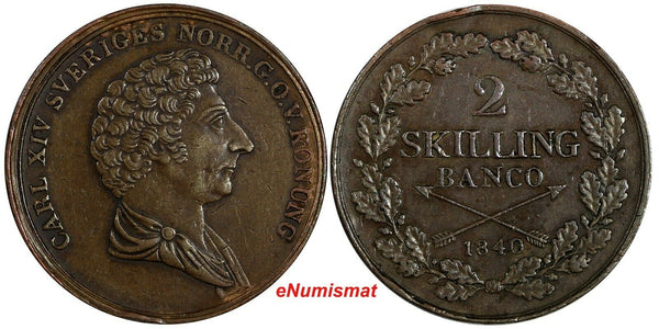 Sweden Carl XIV Johan Copper 1840 2 Skilling Mintage-69,000 KM# 643 (18 454)