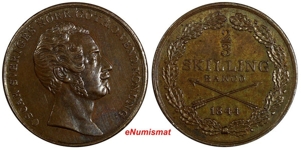 Sweden Oscar I Copper 1844 2/3 Skilling Mintage-266,000 aUNC KM# 658 (18 471)