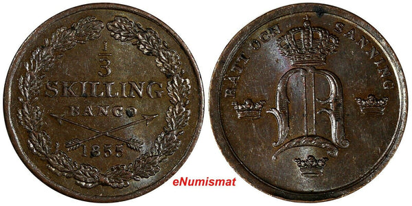 Sweden Oscar I Copper 1855 1/3 Skilling 19.8mm Mintage-377,280 aUNC KM# 657 (72)