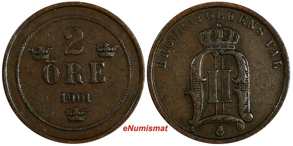 Sweden Oscar II Bronze 1901 2 Ore large letters KM# 746 (18 546)