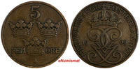 Sweden Gustaf V 1909 5 Öre  Large cross on Crown SCARCE KM# 779.2 (18 548)