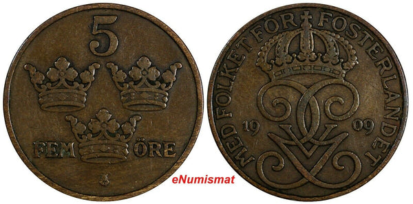 Sweden Gustaf V 1909 5 Öre  Large cross on Crown SCARCE KM# 779.2 (18 548)