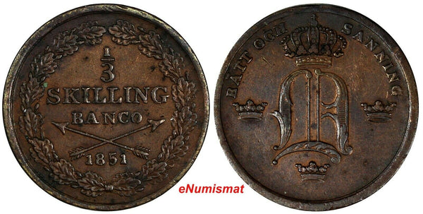 Sweden Oscar I Copper 1851 1/3 Skilling Mintage-537,840 KM# 657 (18 556)