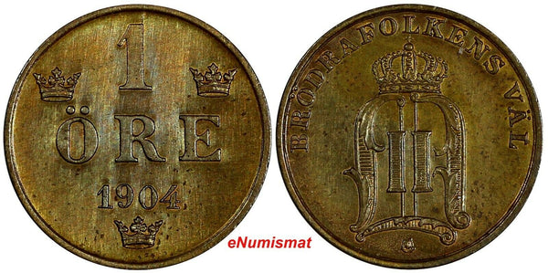 Sweden Oscar II  Bronze 1904 1 Ore Extra Large letters aUNC/UNC KM# 750 (18 588)