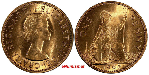 Great Britain Elizabeth II Bronze 1967 1 Penny FULL RED BU KM# 897 (18 608)