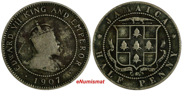 Jamaica Edward VII Copper-Nickel 1907 1/2 Penny Mintage-144,000 KM# 22 (18 619)