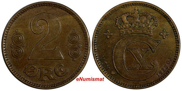 Denmark Christian X Bronze 1923 2 Ore Last Date Type XF KM# 813.2 (18 668)