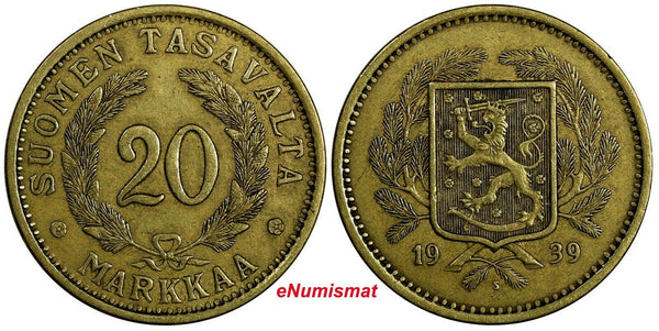 Finland Aluminum-Bronze 1939 20 Markkaa 31mm Mintage-960,000 KM# 32 (18 721)