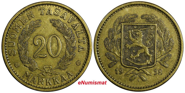 Finland Aluminum-Bronze 1938 20 Markkaa 31mm Mintage-360,000 KM# 32 (18 723)