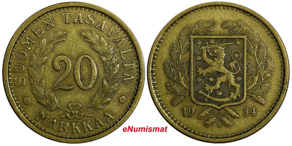 Finland Aluminum-Bronze 1934 20 Markkaa 31mm Mintage-390,000 KM# 32 (18 724)