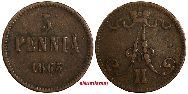 Finland Aleksandr II Copper 1865 5 Penniä Mintage-480,000 RARE DATE KM# 4.1 (9)