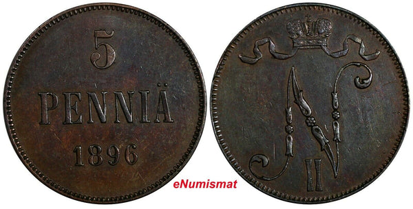 Finland Nicholas II Copper 1896 5 Penniä Mintage-410,000 1st Date KM# 15  (730)
