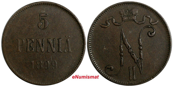 Finland Nicholas II Copper 1899 5 Penniä Mintage-860,000 KM# 15  (18 731)