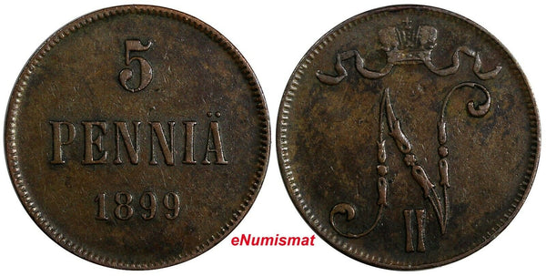 Finland Nicholas II Copper 1899 5 Penniä Mintage-860,000 KM# 15  (18 732)