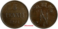 Finland Nicholas II Copper 1901 5 Penniä Mintage-625,000 KM# 15  (18 734)
