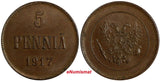 Finland Nicholas II Civil War Copper 1917 5 Penniä 1 Year Type KM# 17  (18 736)