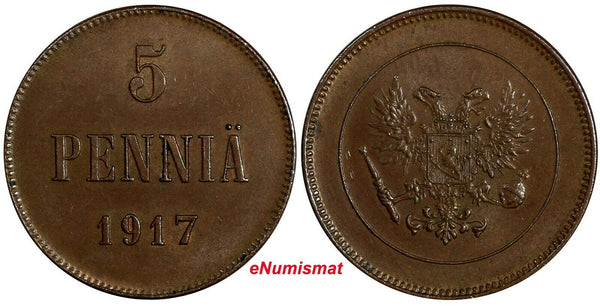 Finland Nicholas II Civil War Copper 1917 5 Penniä 1 Year Type KM# 17  (18 736)
