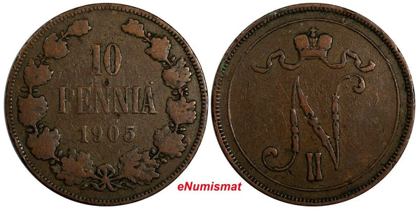 Finland Nicholas II Copper 1905 10 Penniä Mintage-500,000 KM# 14 (18 738)