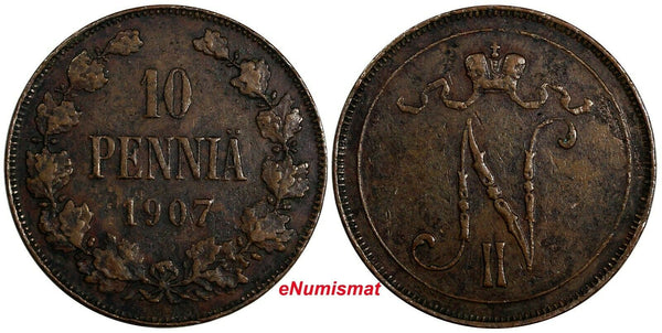 Finland Nicholas II Copper 1907 10 Penniä Mintage-503,000 KM# 14 (18 739)