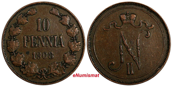 Finland Nicholas II Copper 1908 10 Penniä Mintage-320,000 KM# 14 (18 740)