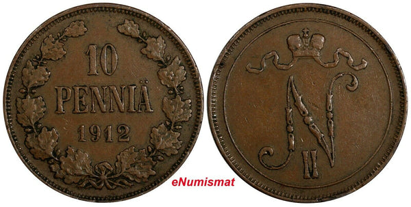 Finland Nicholas II Copper 1912 10 Penniä Mintage-191,000 KM# 14 (18 743)