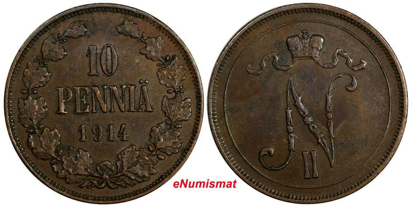 Finland Nicholas II Copper 1914 10 Penniä Mintage-605,000 KM# 14 (18 744)