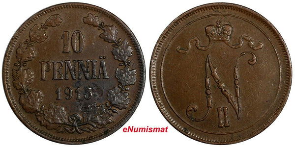 Finland Nicholas II Copper 1915 10 Penniä Mintage-420,000 KM# 14 (18 745)