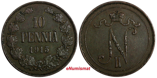 Finland Nicholas II Copper 1915 10 Penniä Mintage-420,000 KM# 14 (18 746)