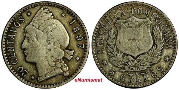 Dominican Republic Silver 1897 20 Centavos USA Philadelphia mint KM# 14 (18 752)