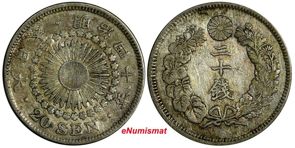 Japan Meiji (1867-1912) Silver Yr.40(1907) 20 Sen XF Toned Y# 30 (18 800)