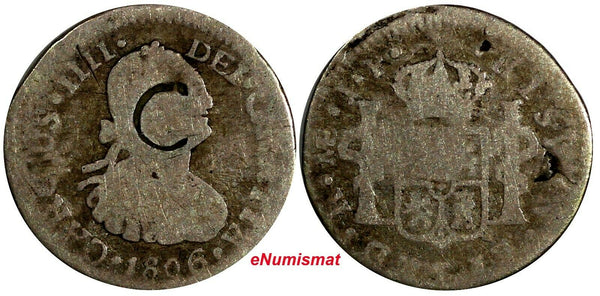 Peru Carlos IV Silver 1806 LIMAE JP 1/2 Real Stamp in Center "C" KM# 93 (18 811)