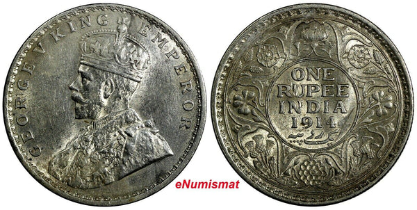 India-British George V Silver 1914 (B) 1 Rupee XF Mint Luster KM# 524 (18 824)