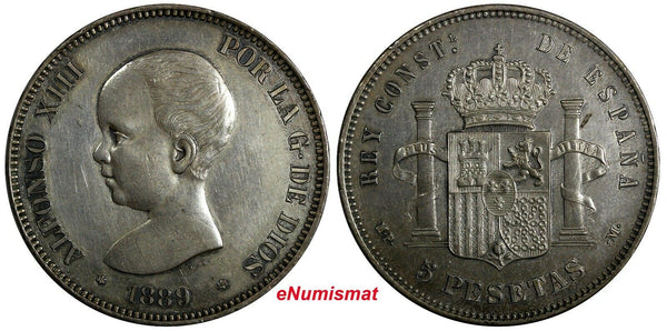 Spain Alfonso XIII Silver 1889 MPM 5 Pesetas XF Condition 37mm KM# 689 (18 840)