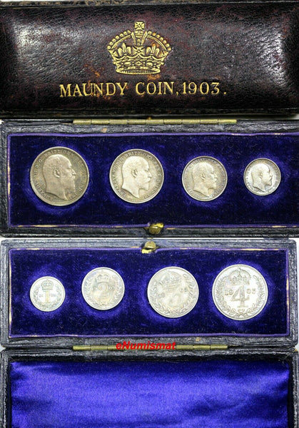 GREAT BRITAIN Edward VII Silver 1903 Maundy Set (4 Coins) Unc Original Box (47)