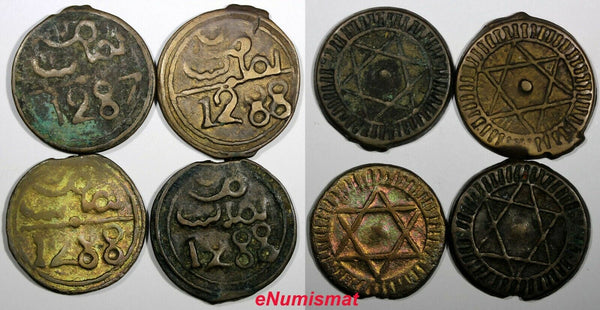 Morocco Sidi Mohammed IV LOT OF 4 COINS AH1288 (1871) 4 Fulus C# 166.1 (867)